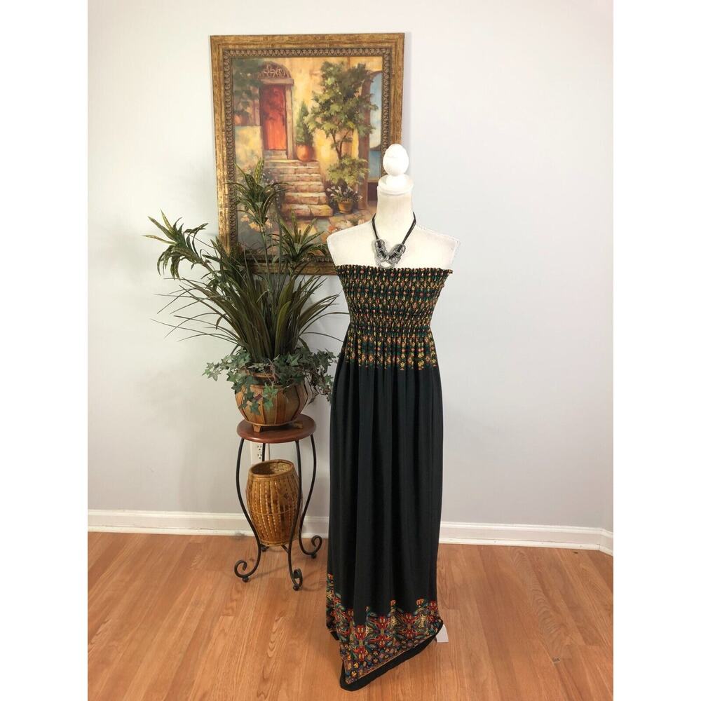 Azules Maxi‎ Dress Women's Medium Black Floral Smocked Strapless Pullover
